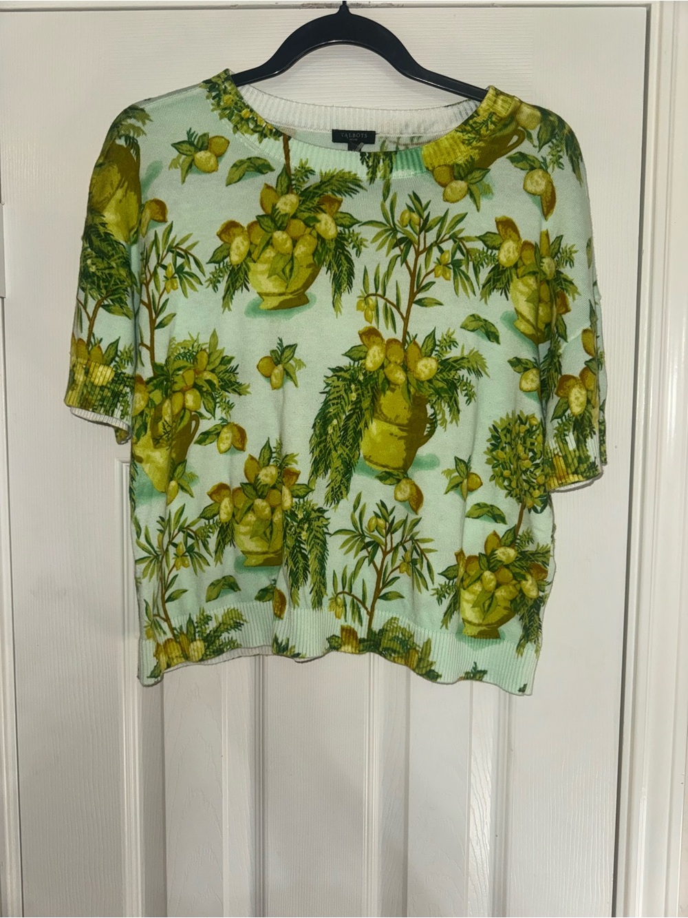 NWOT Talbots Mint Green Lemon-Print Short Sleeve Sweater Top